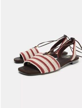 Zara Red and Cream Striped Lace-Up Flat Sandals